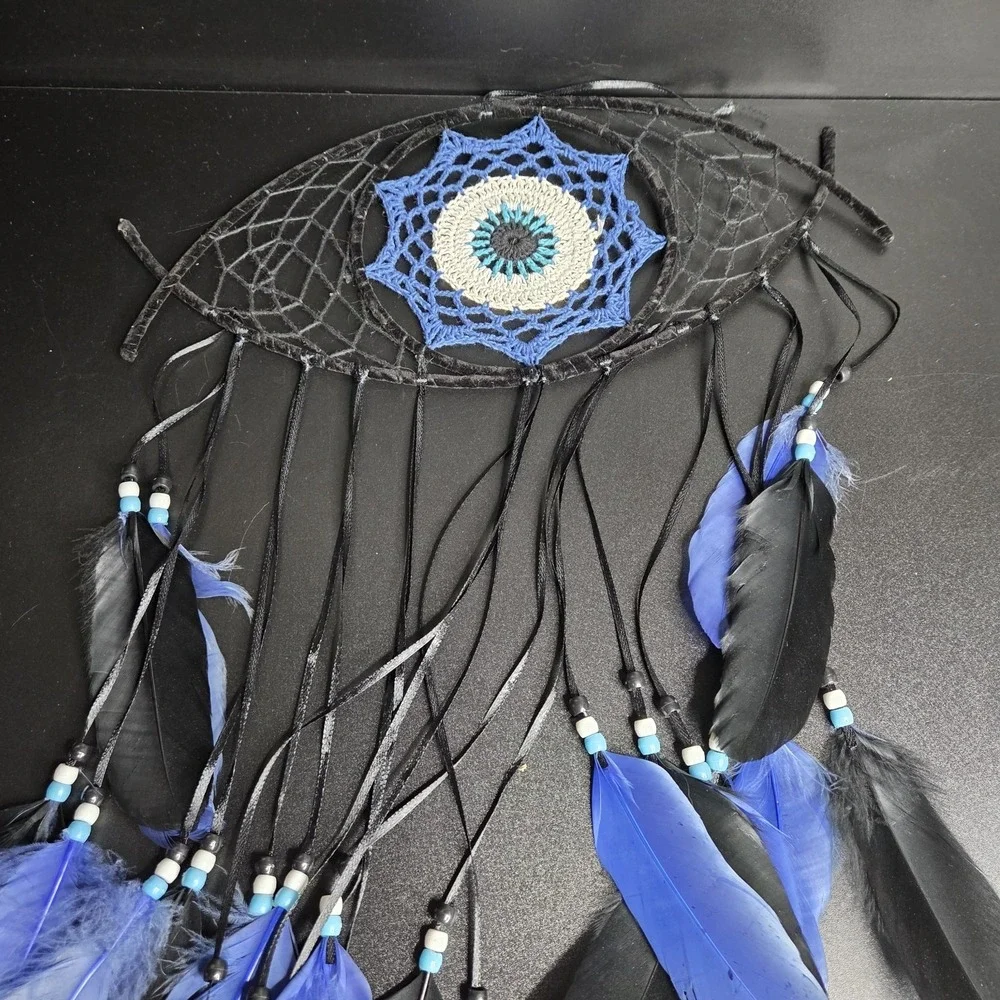 Large Evil Eye Dreamcatcher Blue Black Feather Boho Wall Hanging Decor Boho